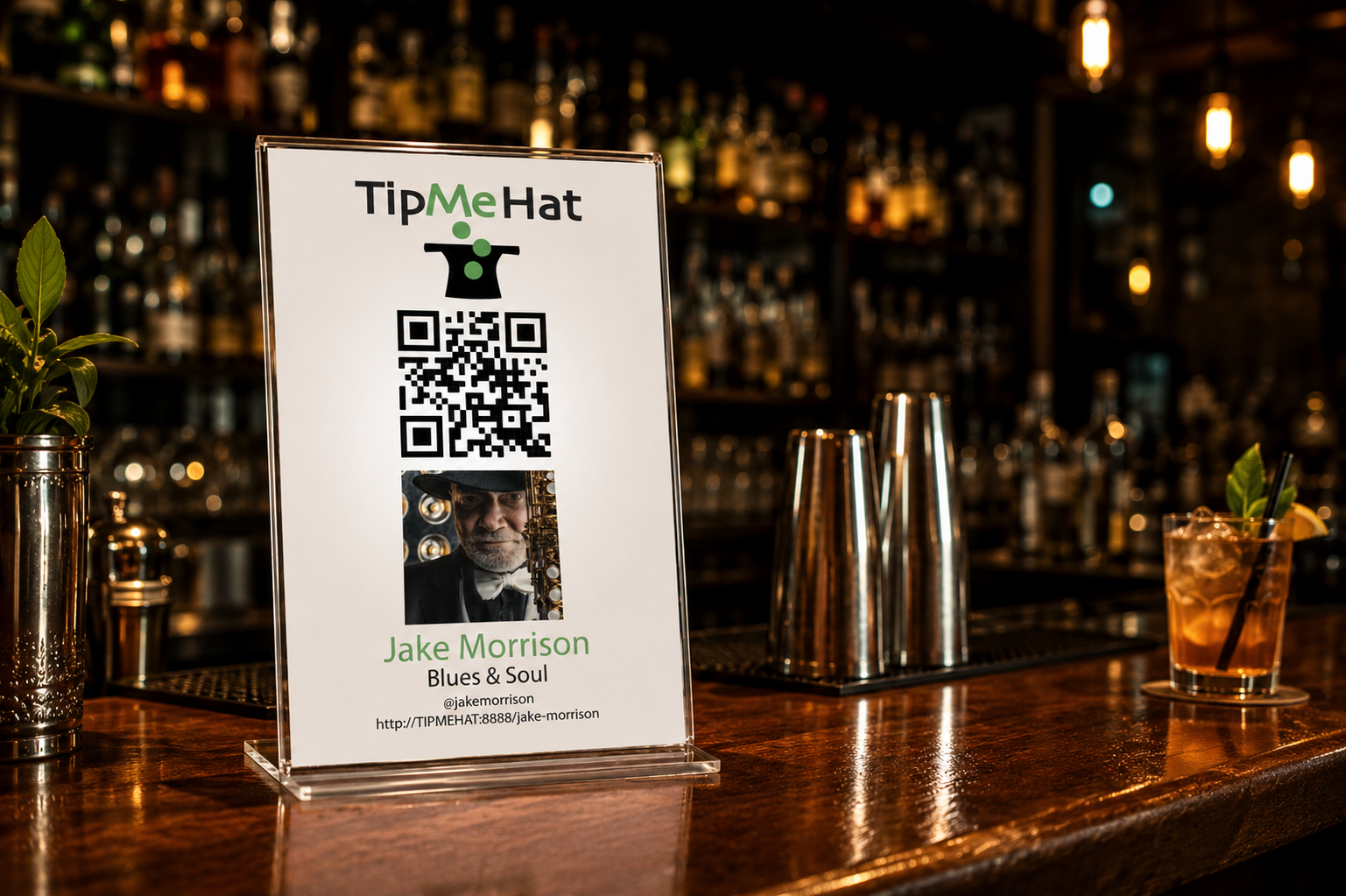 TipMeHat poster displayed at a bar