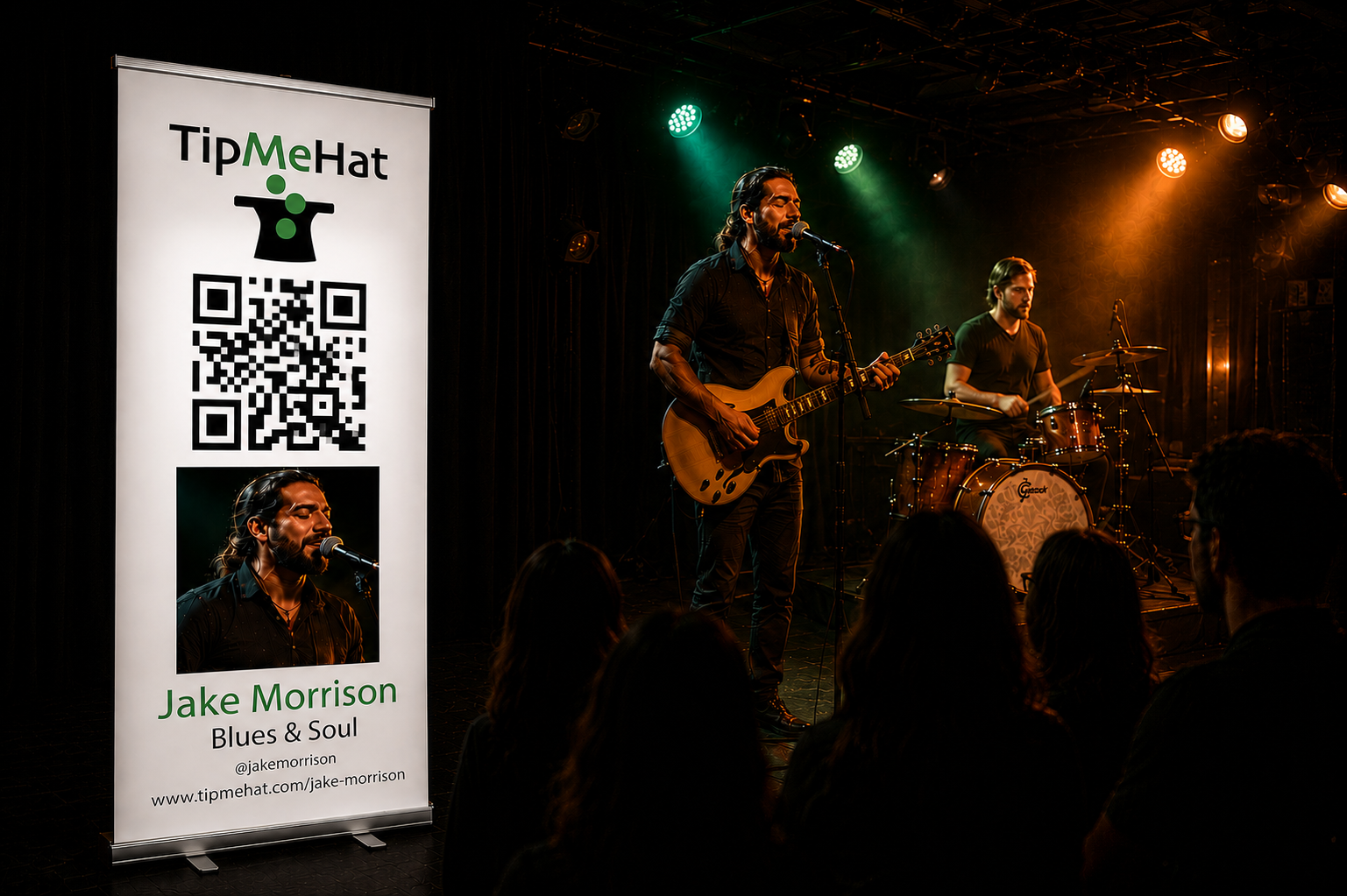 TipMeHat banner on stage next to a live band
